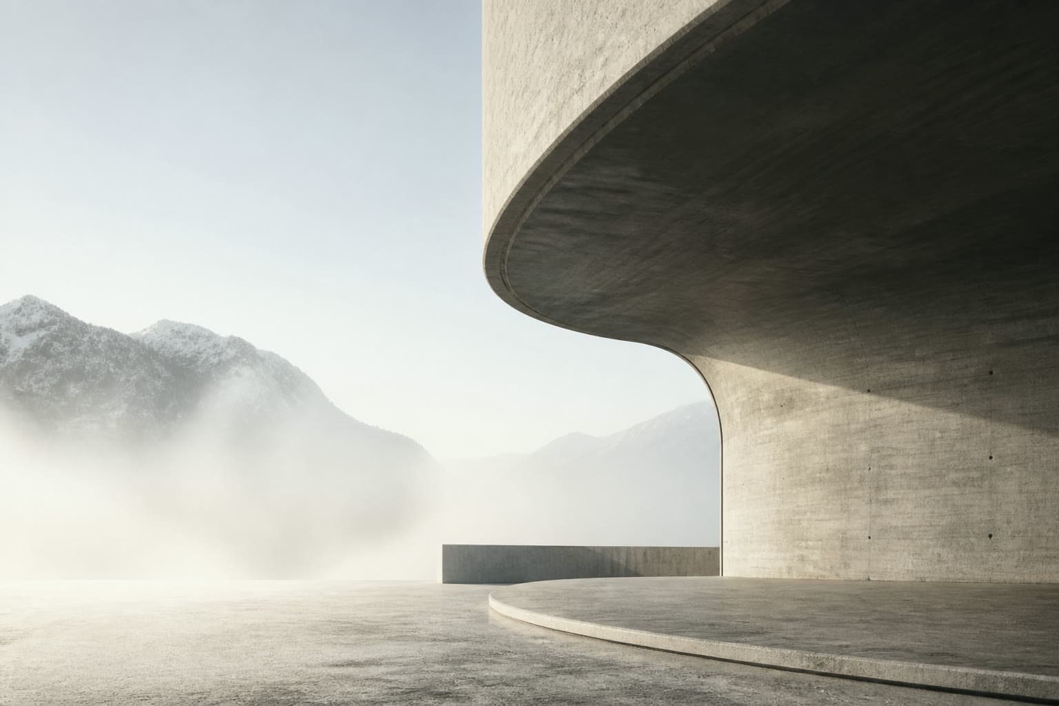 Curved concrete pavilion emerging through alpine mist